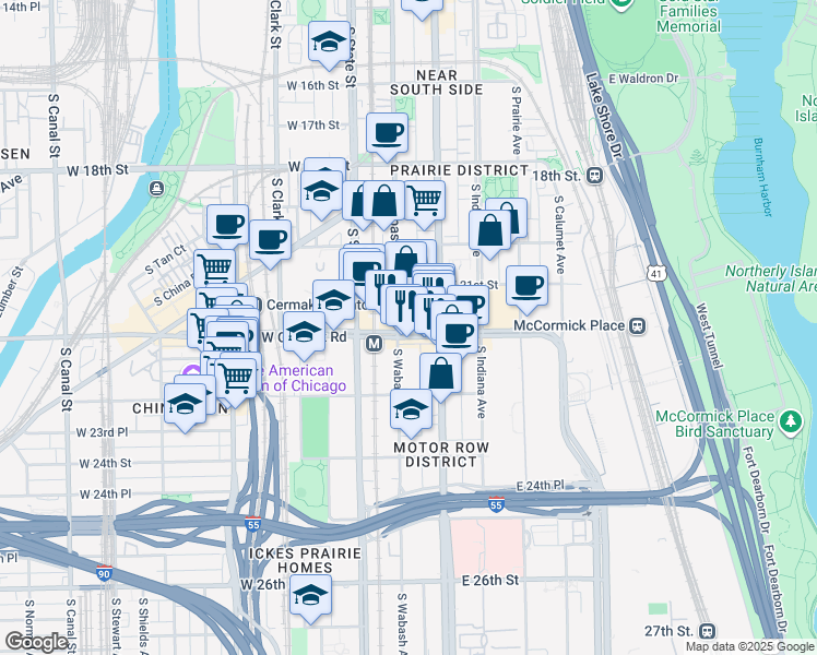 map of restaurants, bars, coffee shops, grocery stores, and more near 46 East Cermak Road in Chicago