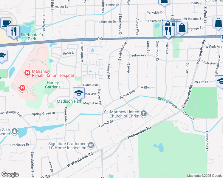 map of restaurants, bars, coffee shops, grocery stores, and more near 1207 Sunset Road in Wheaton