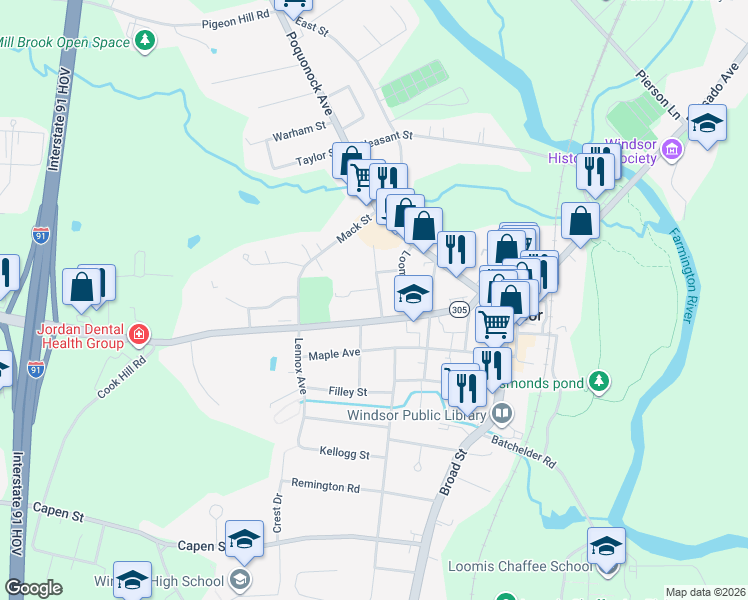 map of restaurants, bars, coffee shops, grocery stores, and more near 76 Hayden Avenue in Windsor