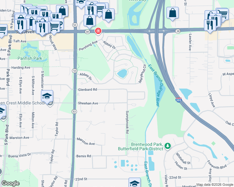 map of restaurants, bars, coffee shops, grocery stores, and more near 911 Glenbard Road in Glen Ellyn