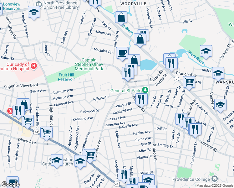 map of restaurants, bars, coffee shops, grocery stores, and more near 33 Wanskuck Avenue in Providence