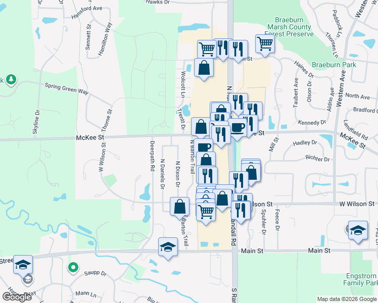 map of restaurants, bars, coffee shops, grocery stores, and more near 141 North Barton Trail in Batavia