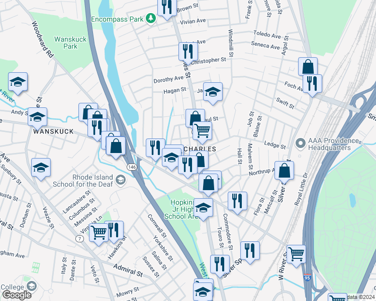 map of restaurants, bars, coffee shops, grocery stores, and more near 60 Russo Street in Providence