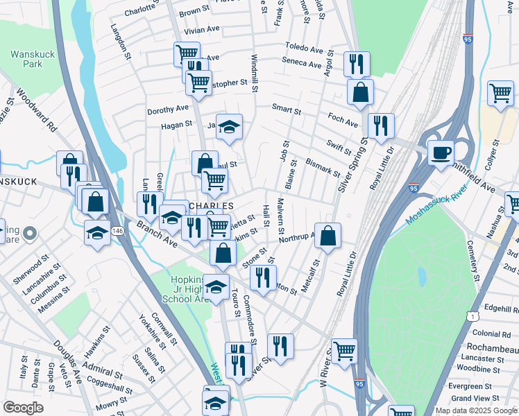 map of restaurants, bars, coffee shops, grocery stores, and more near 70 Marietta Street in Providence