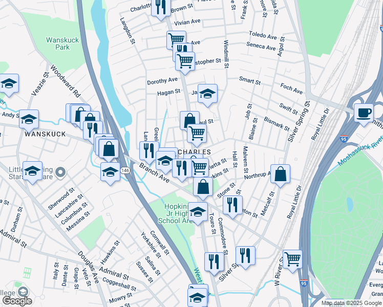 map of restaurants, bars, coffee shops, grocery stores, and more near in Providence