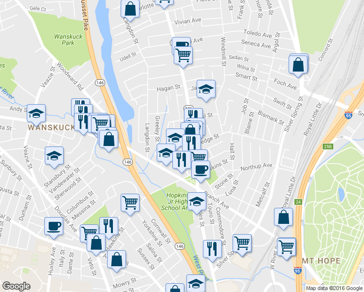 map of restaurants, bars, coffee shops, grocery stores, and more near in Providence
