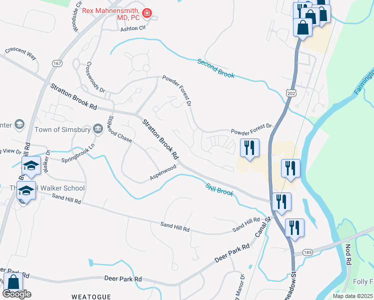 map of restaurants, bars, coffee shops, grocery stores, and more near 908 Highcroft Place in Simsbury