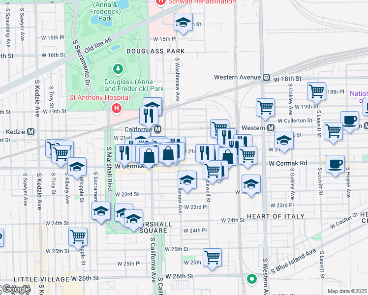 map of restaurants, bars, coffee shops, grocery stores, and more near 2658 West 21st Place in Chicago
