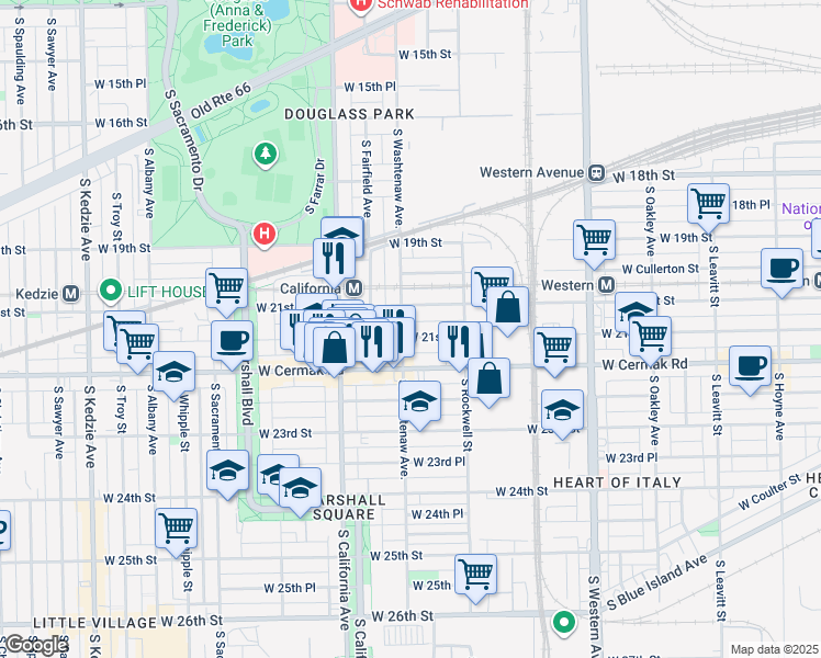 map of restaurants, bars, coffee shops, grocery stores, and more near 2658 West 21st Place in Chicago