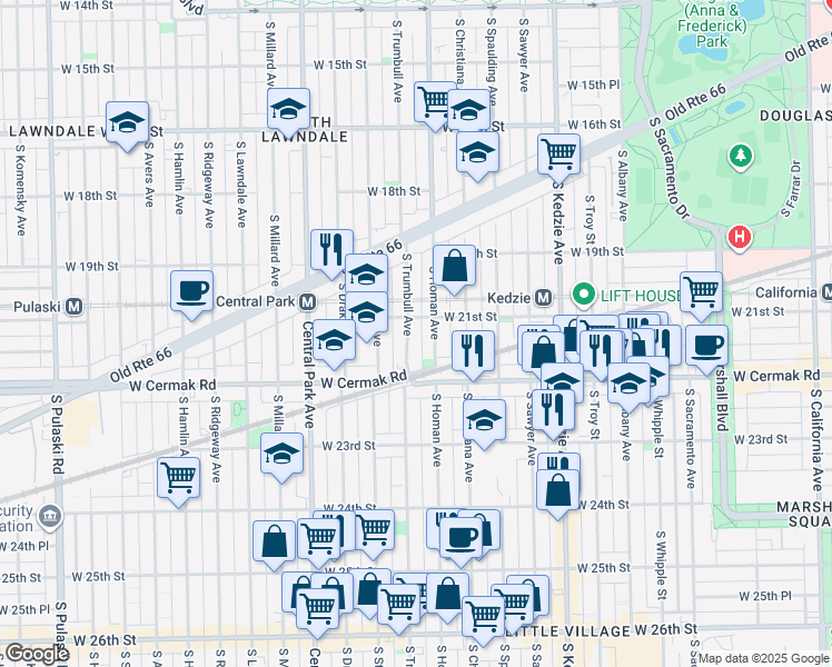 map of restaurants, bars, coffee shops, grocery stores, and more near 2117 South Trumbull Avenue in Chicago