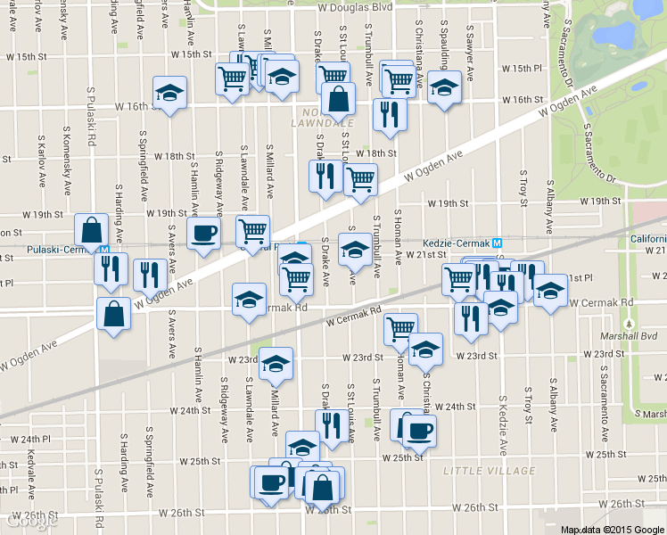 map of restaurants, bars, coffee shops, grocery stores, and more near 2116 South Drake Avenue in Chicago
