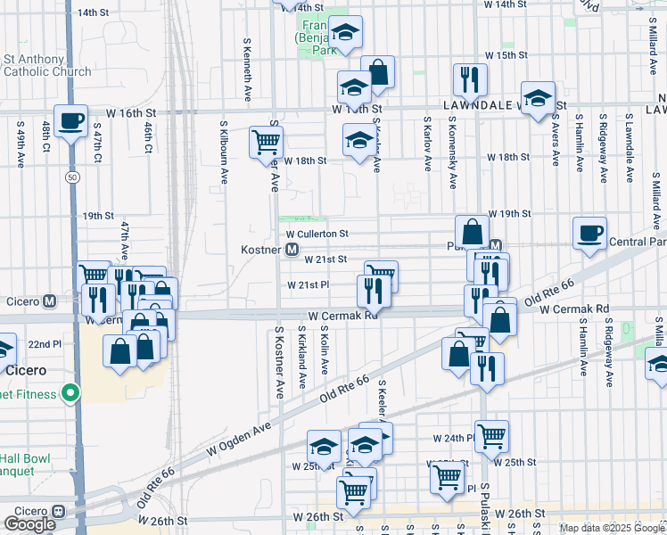 map of restaurants, bars, coffee shops, grocery stores, and more near 4259 West 21st Street in Chicago