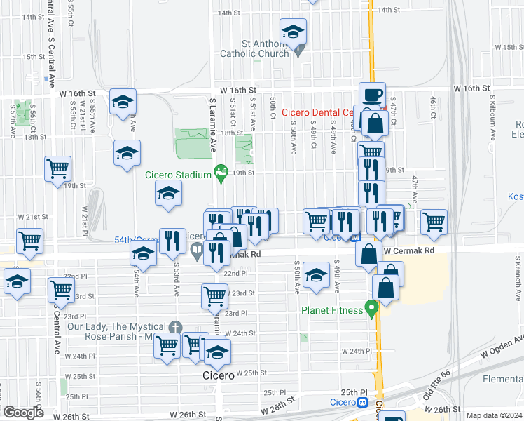 map of restaurants, bars, coffee shops, grocery stores, and more near 5033 West 21st Street in Cicero