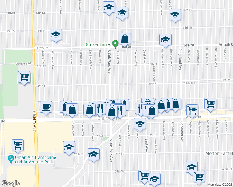 map of restaurants, bars, coffee shops, grocery stores, and more near 1929 Euclid Avenue in Berwyn