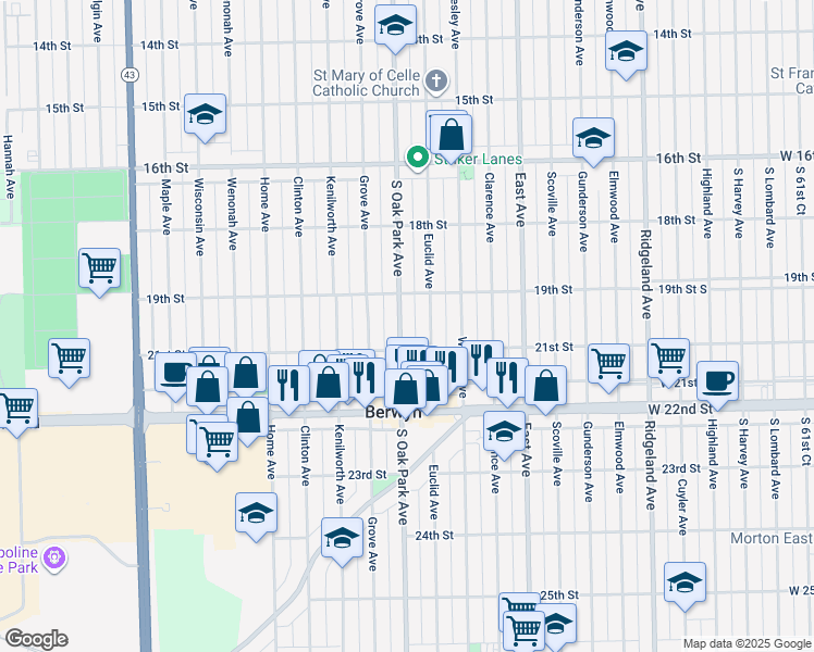 map of restaurants, bars, coffee shops, grocery stores, and more near 1930 Oak Park Avenue in Berwyn