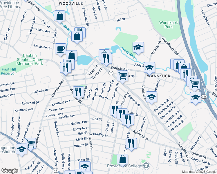 map of restaurants, bars, coffee shops, grocery stores, and more near 102 Hazael Street in Providence