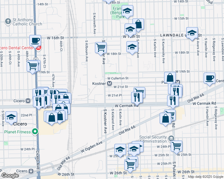 map of restaurants, bars, coffee shops, grocery stores, and more near 4335 West 21st Street in Chicago