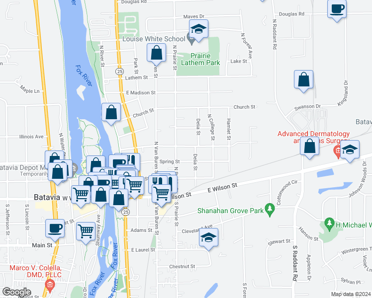 map of restaurants, bars, coffee shops, grocery stores, and more near 422 East Franklin Street in Batavia