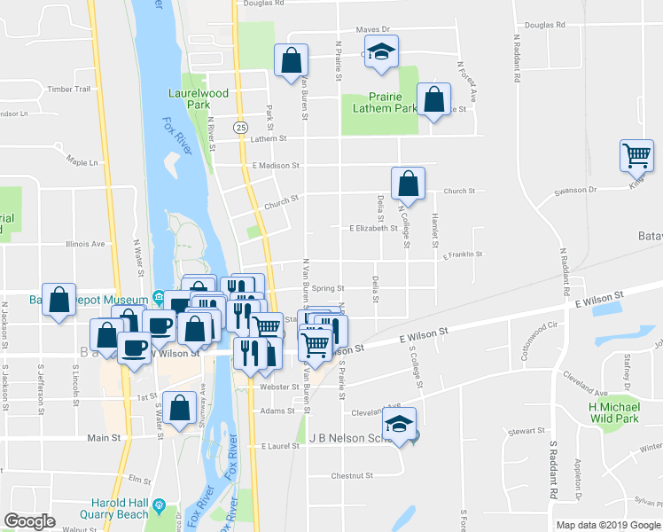 map of restaurants, bars, coffee shops, grocery stores, and more near 227 North Prairie Street in Batavia