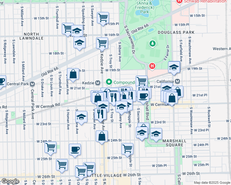 map of restaurants, bars, coffee shops, grocery stores, and more near 2117 South Troy Street in Chicago