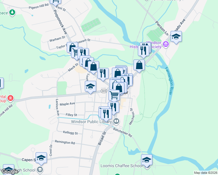 map of restaurants, bars, coffee shops, grocery stores, and more near 23 Poquonock Avenue in Windsor