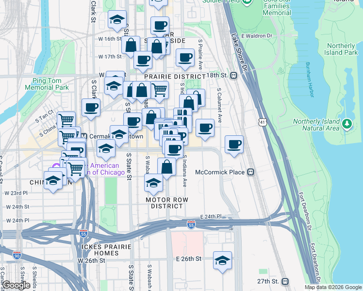 map of restaurants, bars, coffee shops, grocery stores, and more near 126 East Cermak Road in Chicago