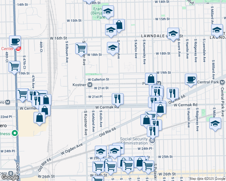 map of restaurants, bars, coffee shops, grocery stores, and more near 4221 West 21st Street in Chicago