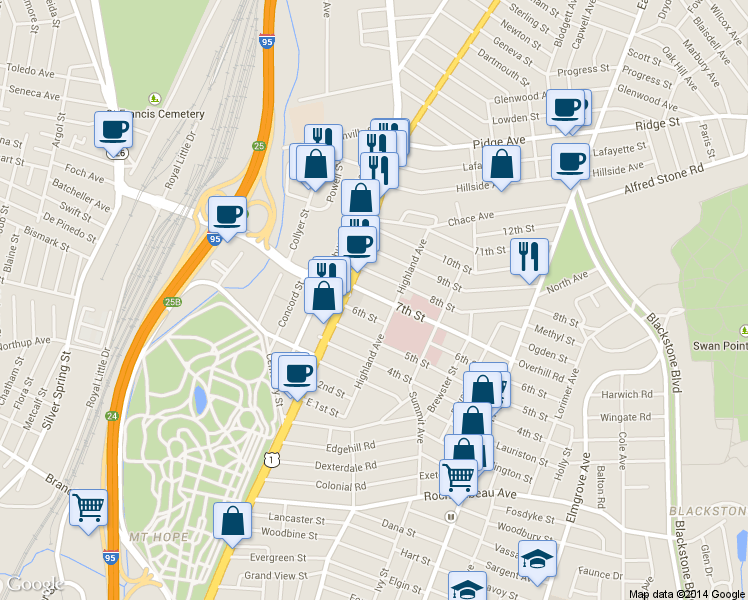 map of restaurants, bars, coffee shops, grocery stores, and more near 25 7th St in Providence