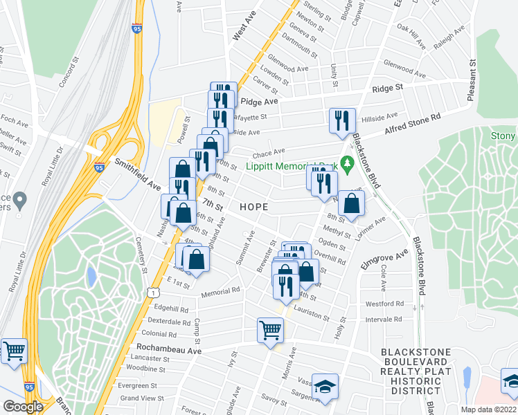 map of restaurants, bars, coffee shops, grocery stores, and more near 94 8th Street in Providence