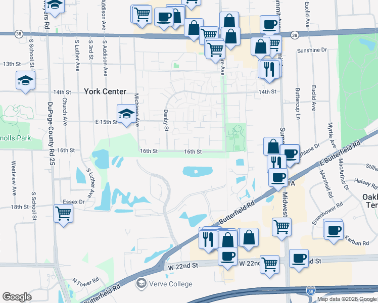 map of restaurants, bars, coffee shops, grocery stores, and more near 16th St & Stratford Ln in DuPage County