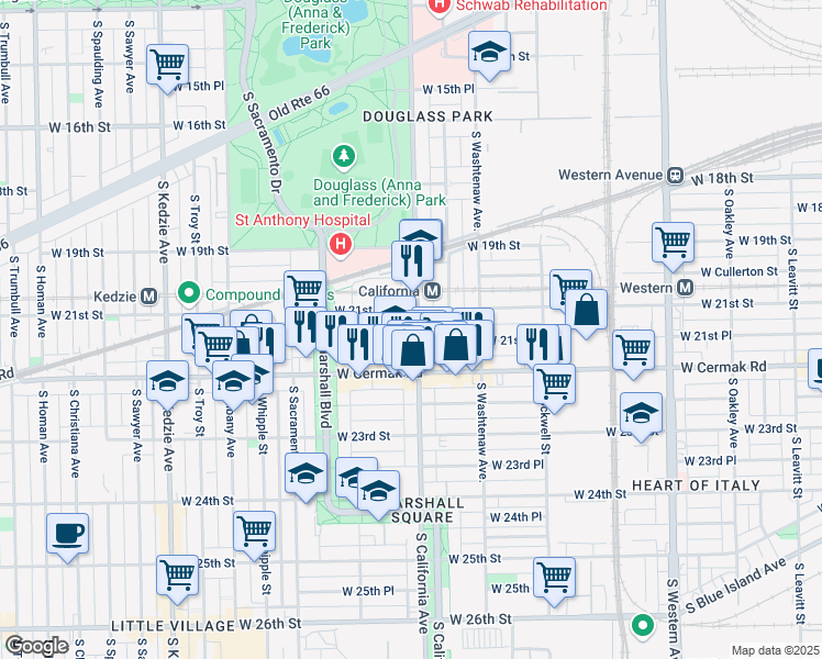 map of restaurants, bars, coffee shops, grocery stores, and more near in Chicago
