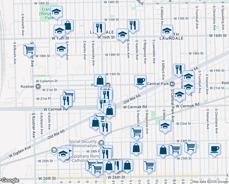 map of restaurants, bars, coffee shops, grocery stores, and more near 2111 South Harding Avenue in Chicago