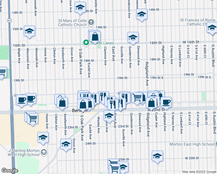 map of restaurants, bars, coffee shops, grocery stores, and more near 1928 East Avenue in Berwyn