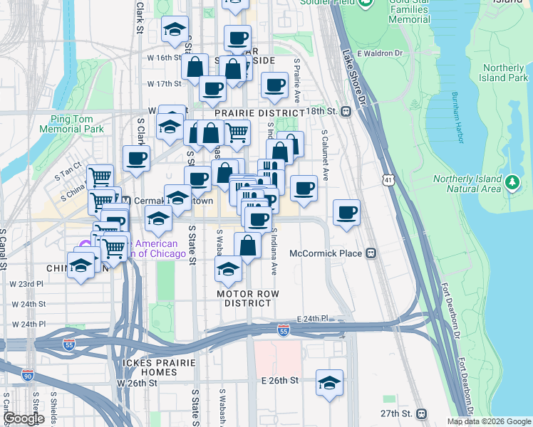 map of restaurants, bars, coffee shops, grocery stores, and more near 2146 South Indiana Avenue in Chicago
