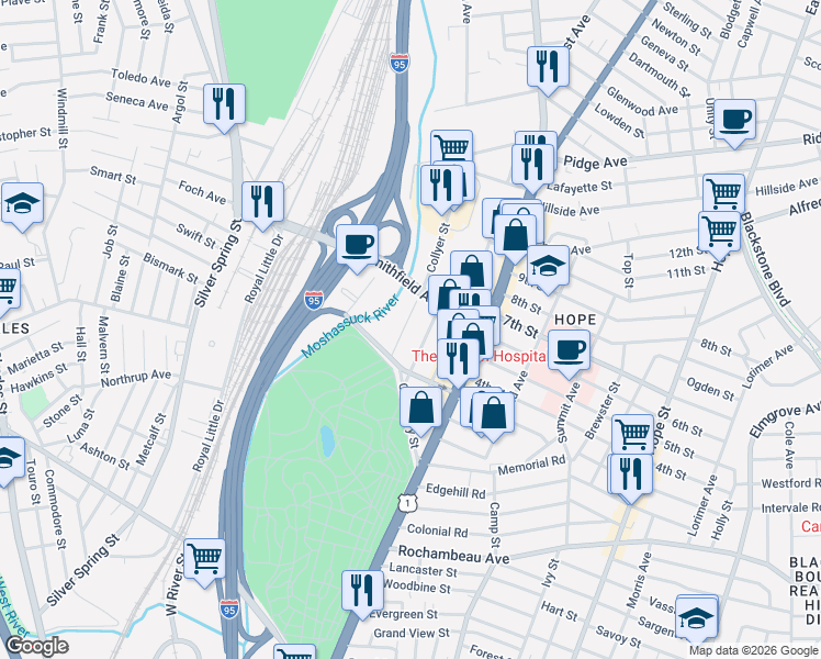 map of restaurants, bars, coffee shops, grocery stores, and more near 4 Collyer Street in Providence