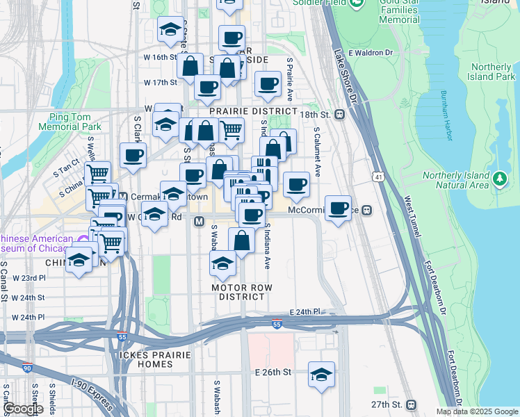 map of restaurants, bars, coffee shops, grocery stores, and more near 126 East Cermak Road in Chicago