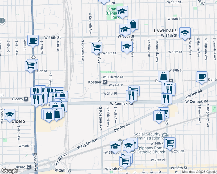 map of restaurants, bars, coffee shops, grocery stores, and more near 4335 West 21st Street in Chicago