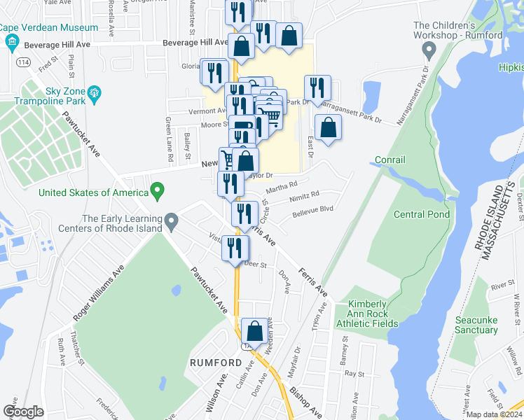 map of restaurants, bars, coffee shops, grocery stores, and more near 25 Circle Street in East Providence