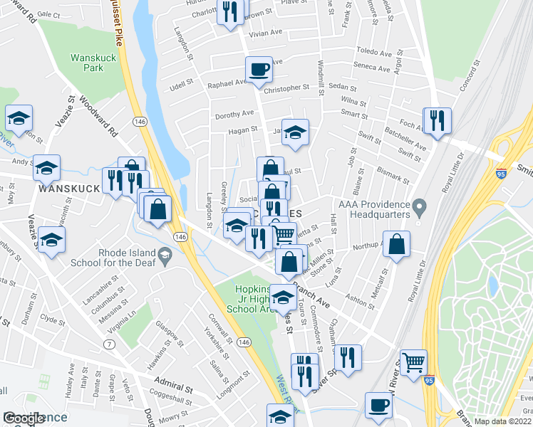 map of restaurants, bars, coffee shops, grocery stores, and more near in Providence
