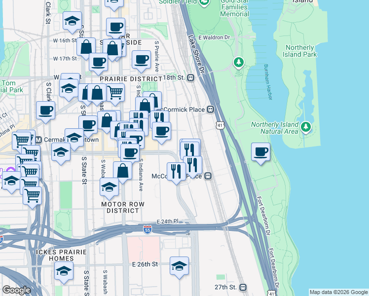 map of restaurants, bars, coffee shops, grocery stores, and more near 2233 South Doctor Martin Luther King Junior Drive in Chicago