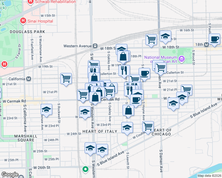 map of restaurants, bars, coffee shops, grocery stores, and more near 2241 West 21st Place in Chicago