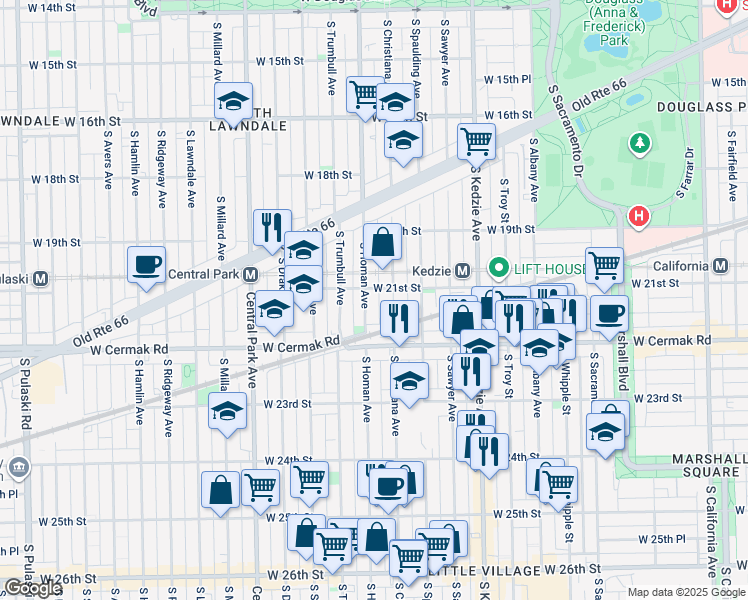 map of restaurants, bars, coffee shops, grocery stores, and more near 2112 South Christiana Avenue in Chicago