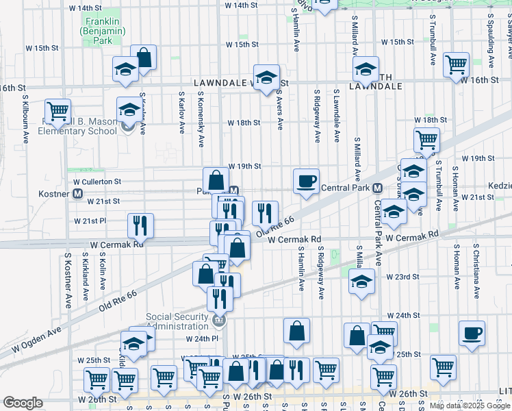 map of restaurants, bars, coffee shops, grocery stores, and more near 2111 South Harding Avenue in Chicago