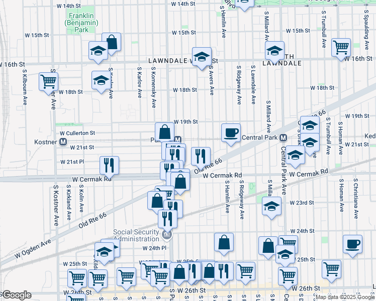map of restaurants, bars, coffee shops, grocery stores, and more near 2111 South Harding Avenue in Chicago