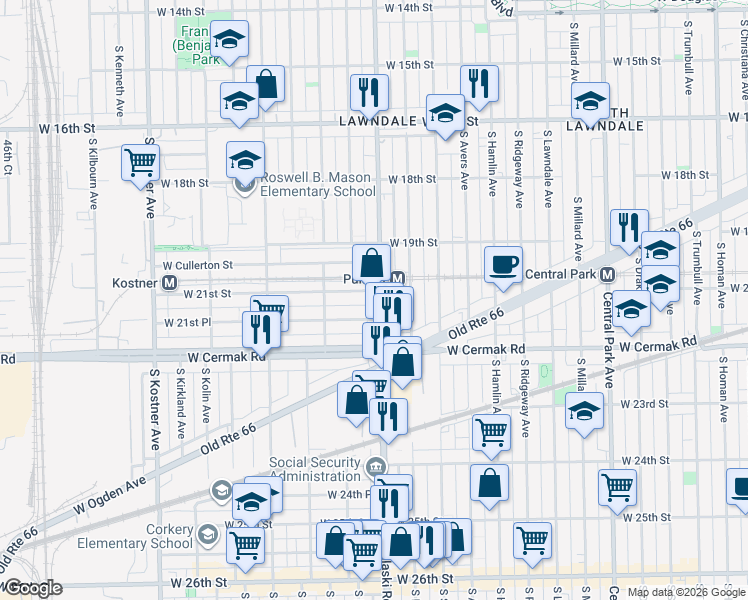 map of restaurants, bars, coffee shops, grocery stores, and more near 2113 South Pulaski Road in Chicago