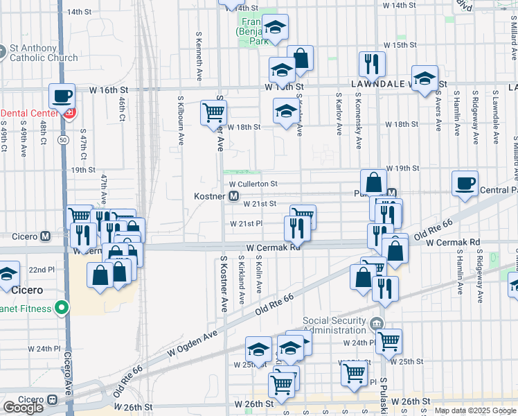 map of restaurants, bars, coffee shops, grocery stores, and more near 4259 West 21st Street in Chicago