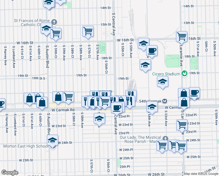 map of restaurants, bars, coffee shops, grocery stores, and more near 1933 South 56th Court in Cicero