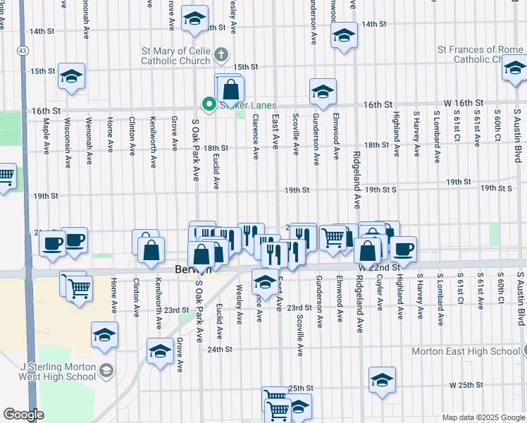 map of restaurants, bars, coffee shops, grocery stores, and more near 1928 East Avenue in Berwyn