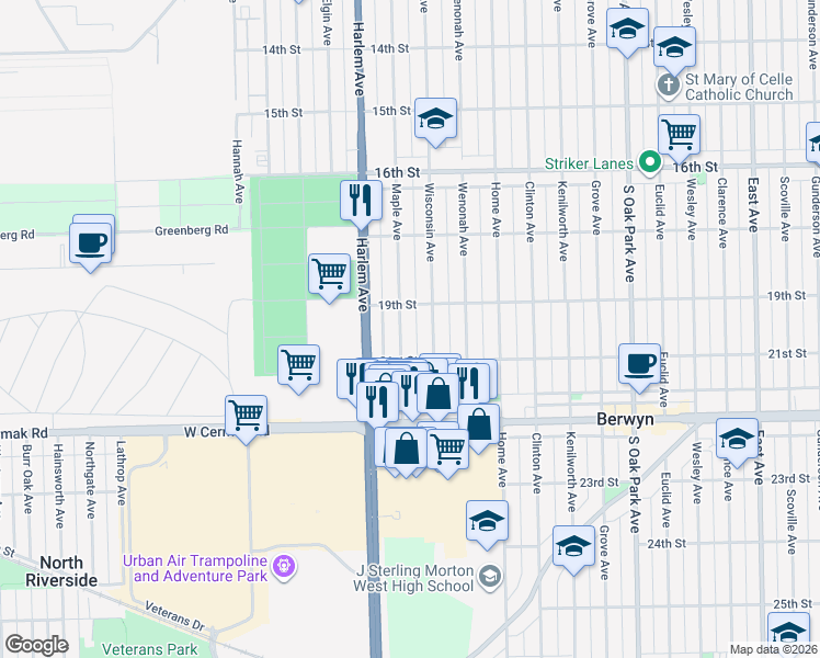 map of restaurants, bars, coffee shops, grocery stores, and more near 1924 Maple Avenue in Berwyn