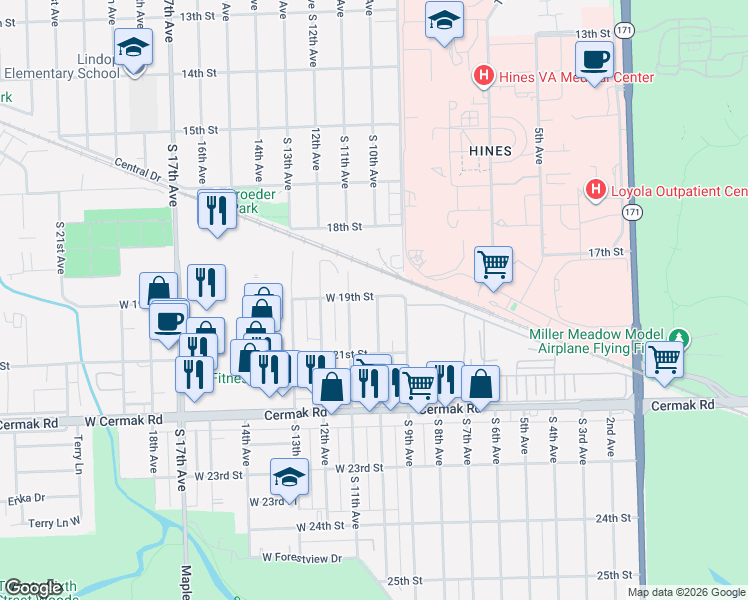 map of restaurants, bars, coffee shops, grocery stores, and more near 2804 South 10th Avenue in Broadview